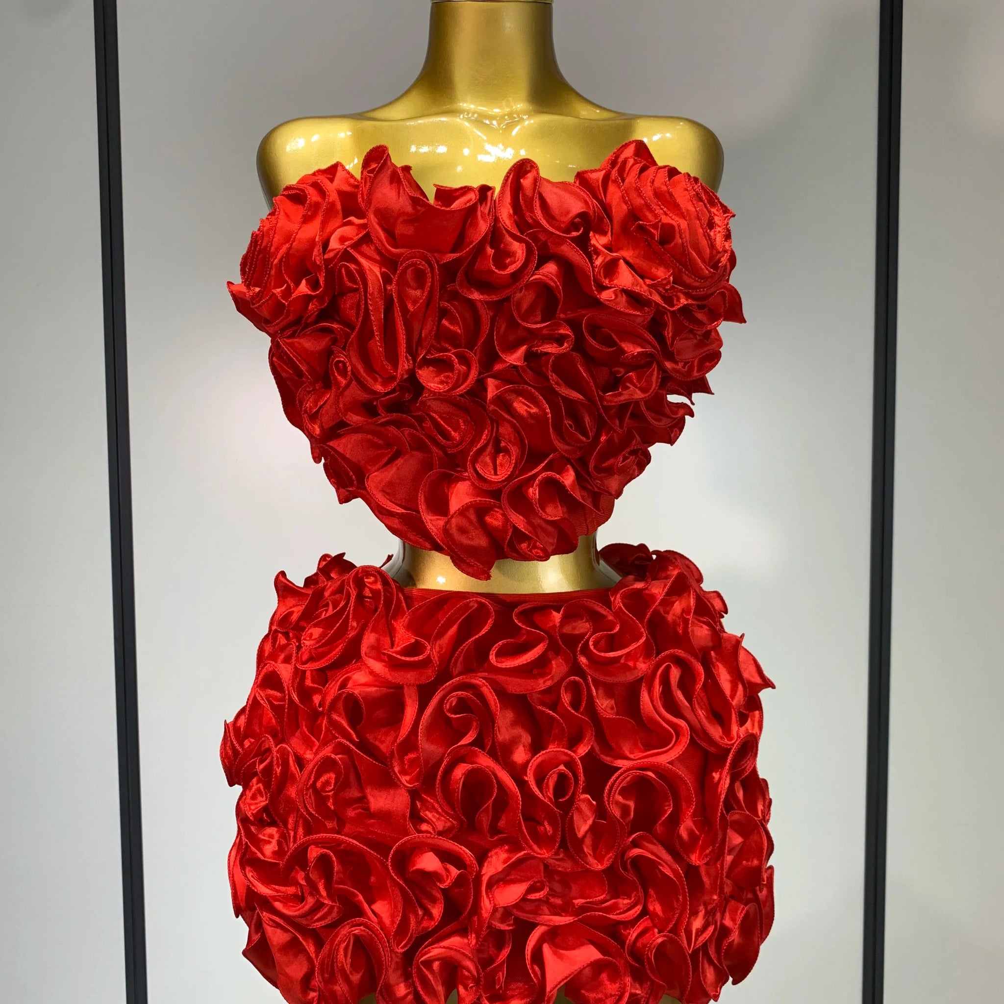 Women Sexy Strapless Red flower Top With Mini Skirt Bodycon Bandage Suit Celebrity Party Cocktail Birthday Two Pieces Set Red