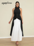 Elegant Women's Loose pleated Long Dress with Stand up Collar and Sleeveless Black and White Dress Fashion Banquet Vestidos