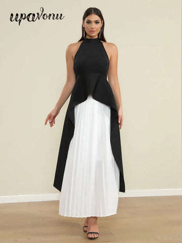 Elegant Women's Loose pleated Long Dress with Stand up Collar and Sleeveless Black and White Dress Fashion Banquet Vestidos