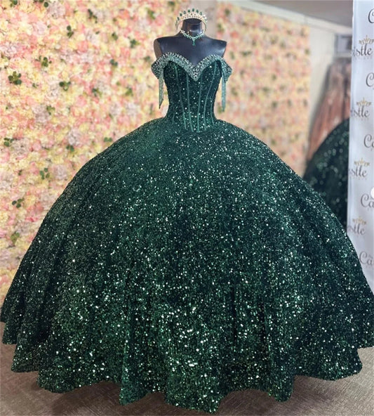 Shiny Green Sequin Quinceanera Dresses Charro Off Shoulders Tassle Beaded Vestidos De 15 Años Lace Up Birthday Party Customized green