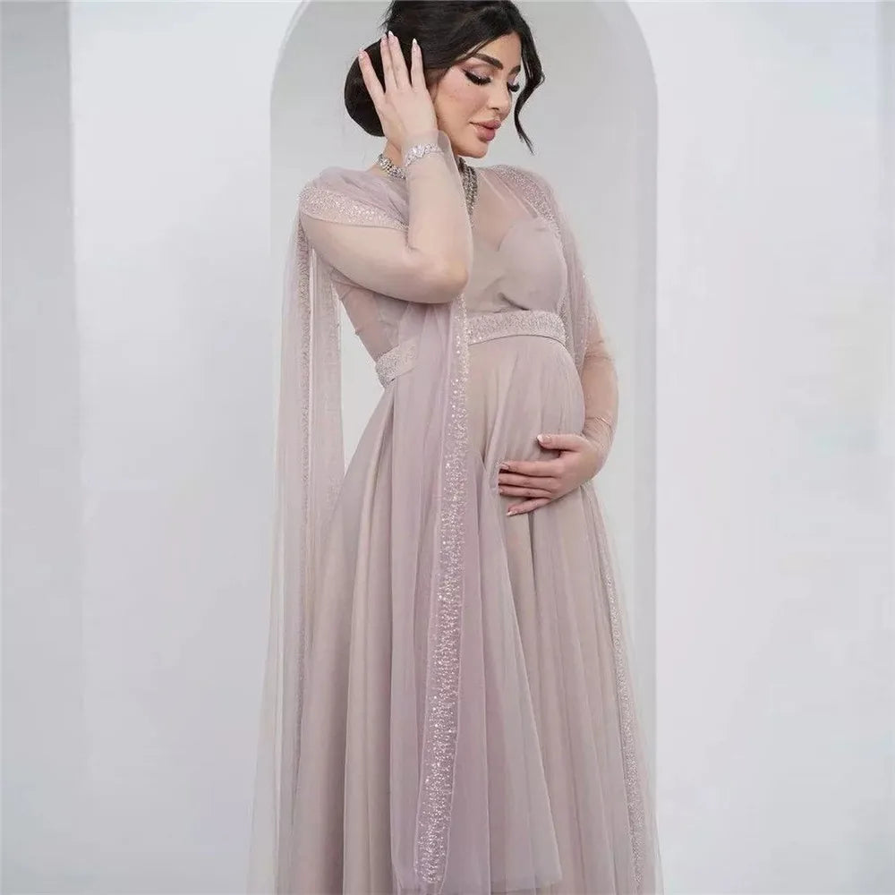 Ash Pink Maternity Prom Dress Empire Ruched Pregnant Dress Long Sleeves Plus Size Evening Party Gown Abendkleider As Picture