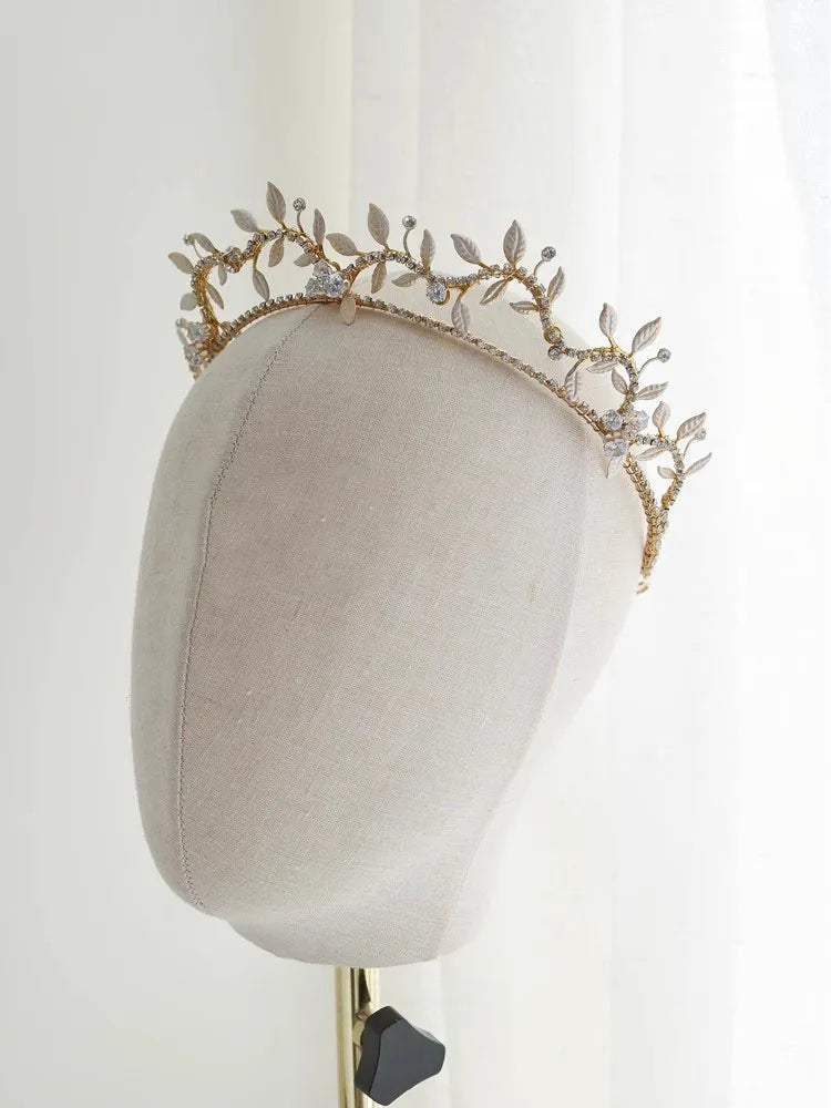 Vintage Gold Color Headband Headpiece Leaf Tiara Crown For Bride Women Crystal Headdress Wedding Accessories Bridal Hair Jewelry