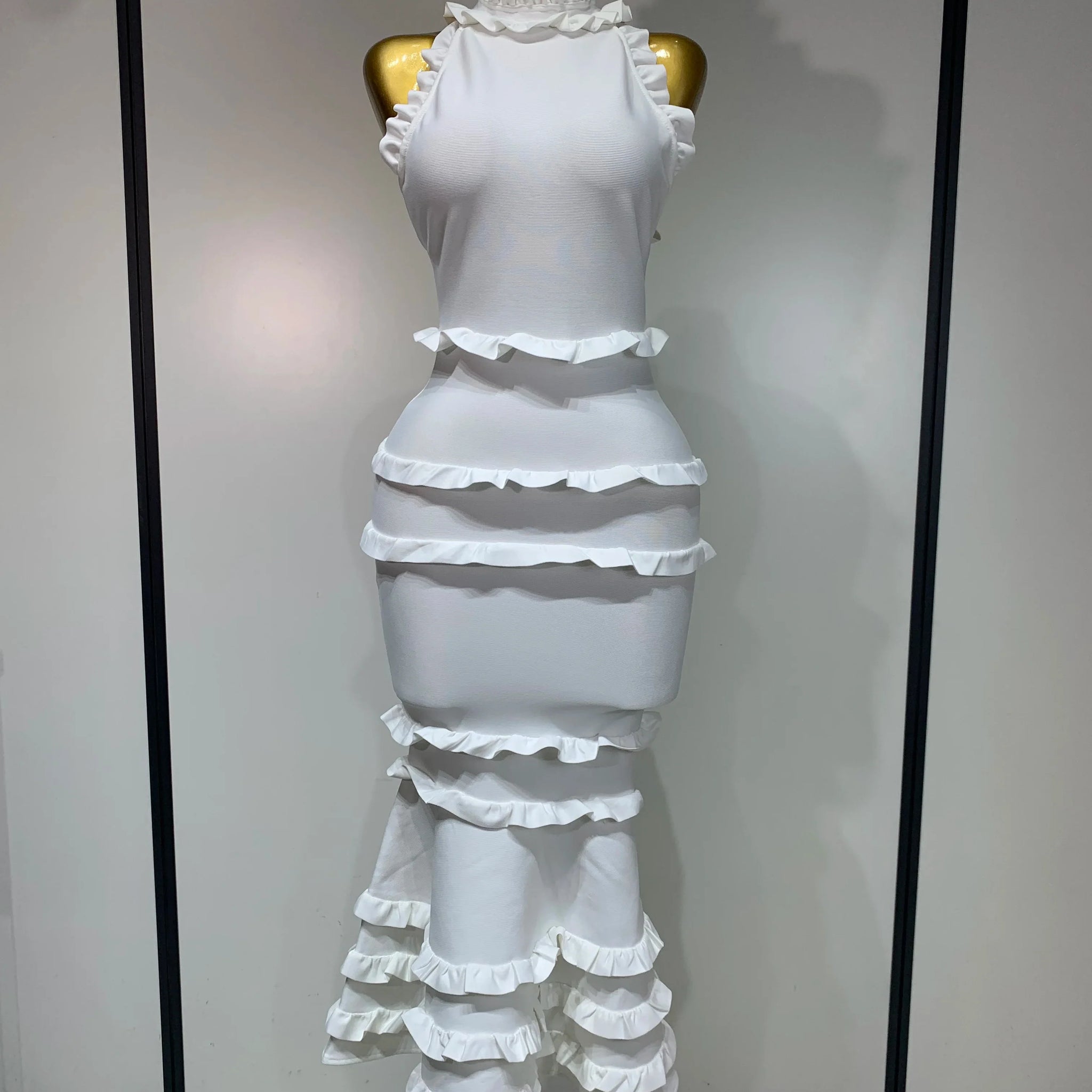 New High quality White Elagant Retro Ruched High Collar Bodycon Bandage Dress Evening Party Fashion Simple Birthday Gown WHITE