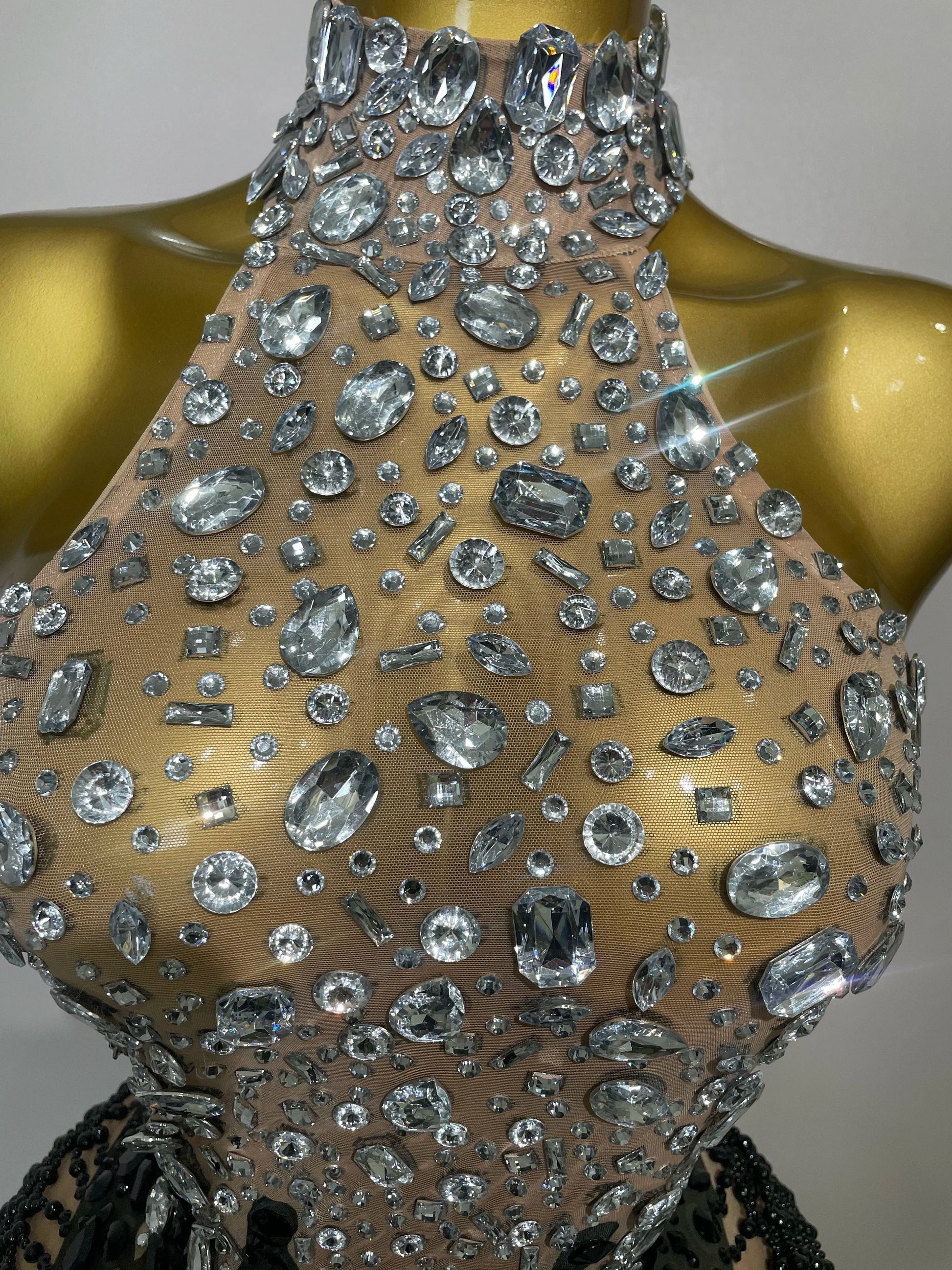 Sparkly Crystals Beading Short Dress Women Sexy Mesh Backless Evening Prom Celebrate Birthday Dress Photo Shoot Wear