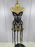 Sparkle Sequins Embroider Diamonds Sleeveless Long Tassel Mini Dress Women Celebrate Evening Birthday Dress Stage Costume black