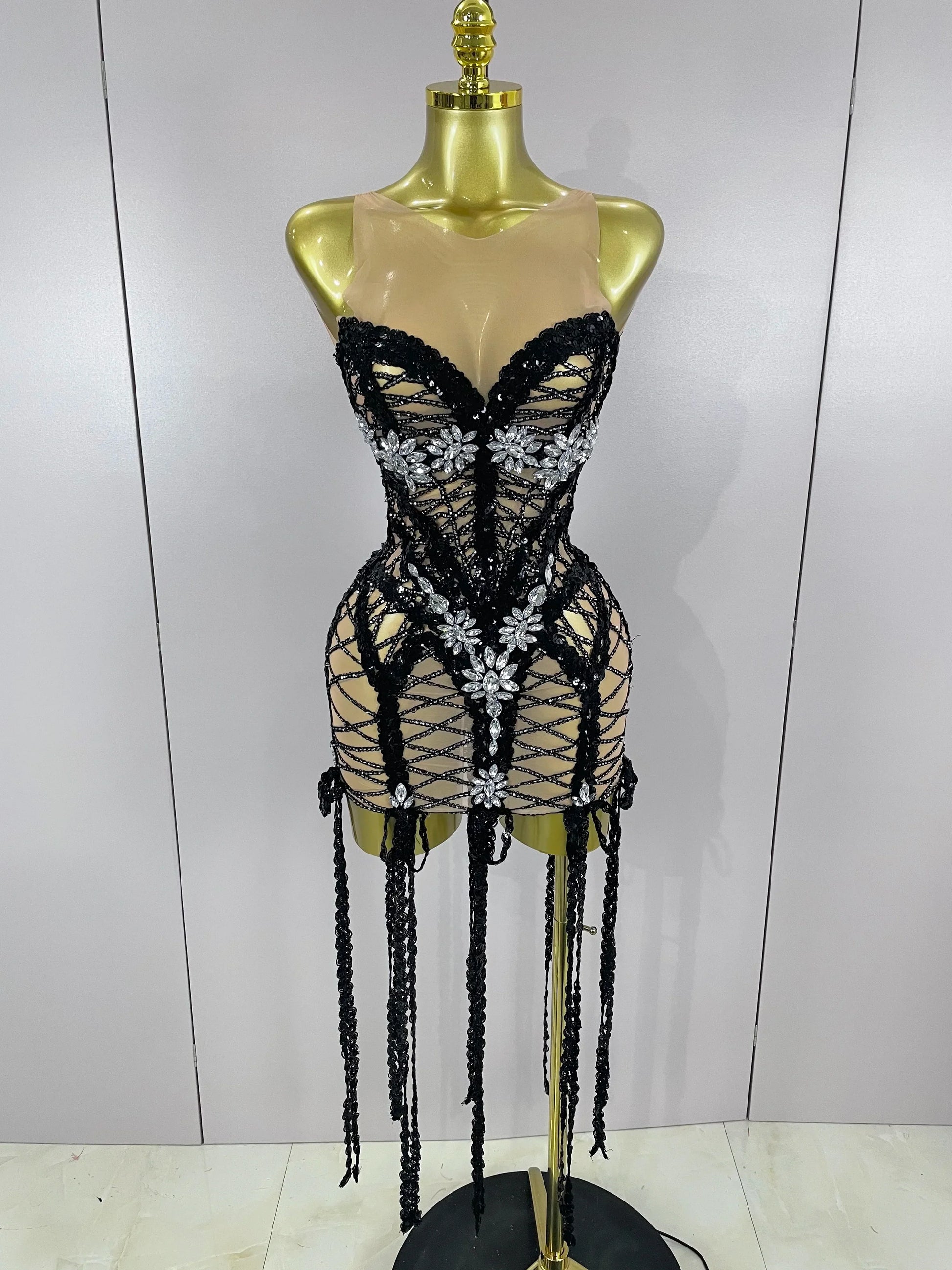 Sparkle Sequins Embroider Diamonds Sleeveless Long Tassel Mini Dress Women Celebrate Evening Birthday Dress Stage Costume black