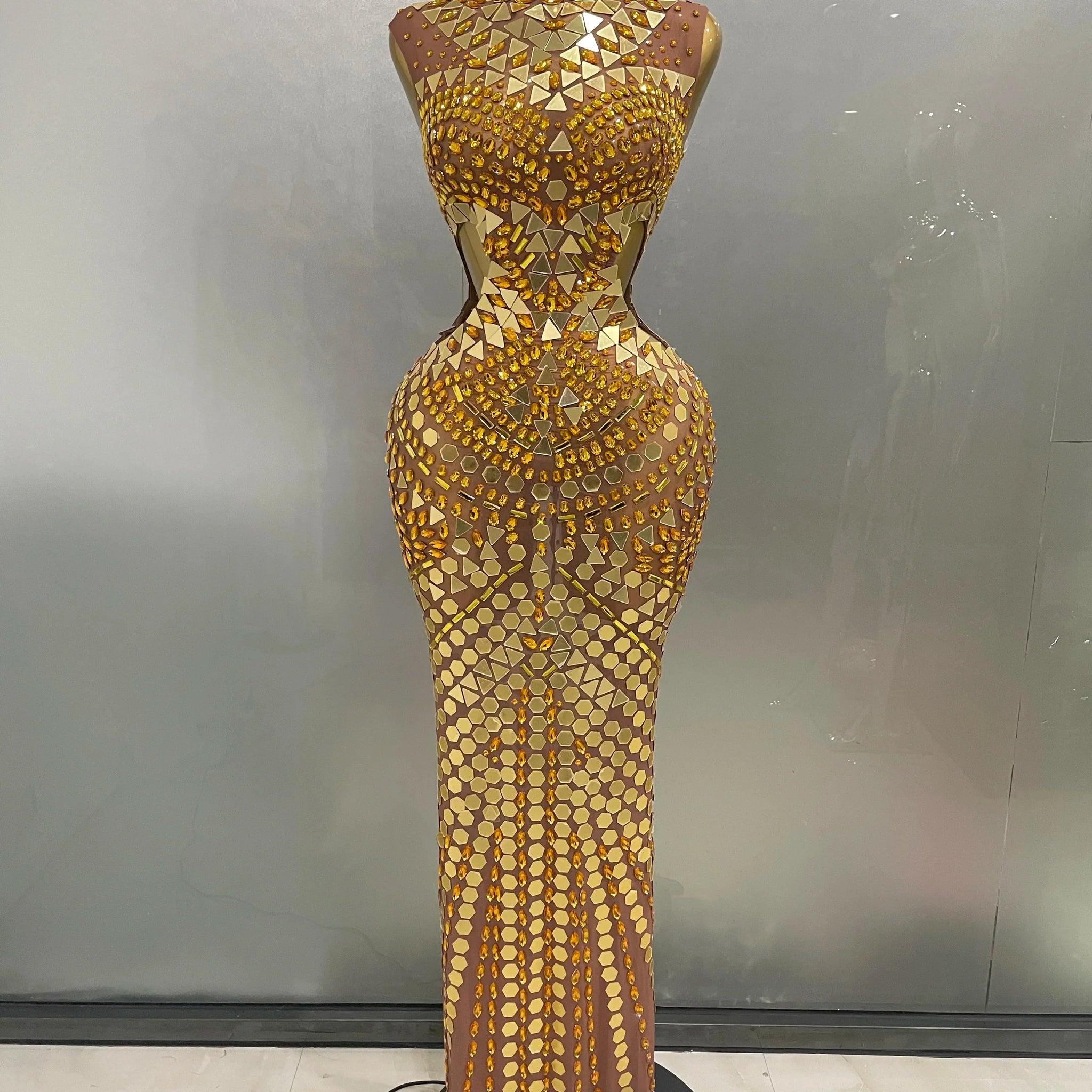 Luxury Shiny Mirror Rhinestones Hollowed-out Long Dress Women Celebrity Evening Party Catwalk Prom Stage Photo Shoot Dresses Gold