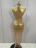 Luxury Sparkly Gold Rhinestone Sexy Transparent Mesh Long Dress Women Birthday Party Gown Stage Singer Performance Costume