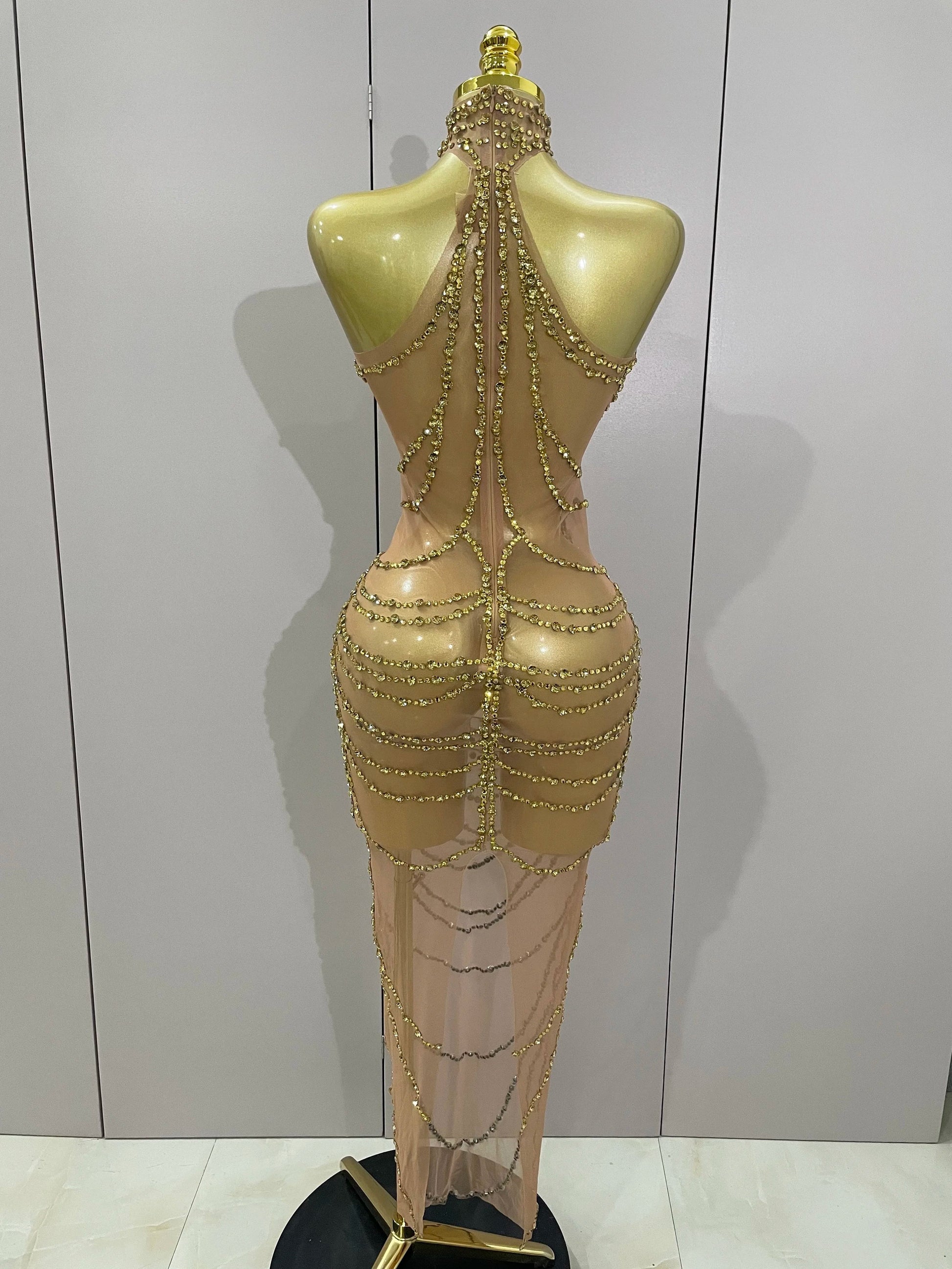 Luxury Sparkly Gold Rhinestone Sexy Transparent Mesh Long Dress Women Birthday Party Gown Stage Singer Performance Costume