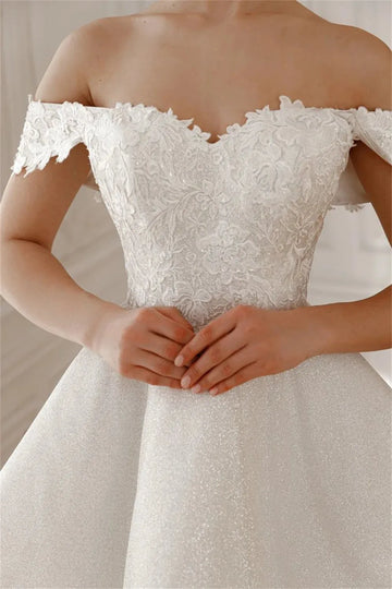 Bella White Lace Embroidery Off-the-Shoulder A-line Sleeveless Prom and Short Wedding Dress As Picture