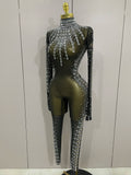 Sexy Sparkly Crystals Black Mesh Jumpsuit With Gloves Women Celebrate Birthday Party NightClub Singer Dance Stage Costumes