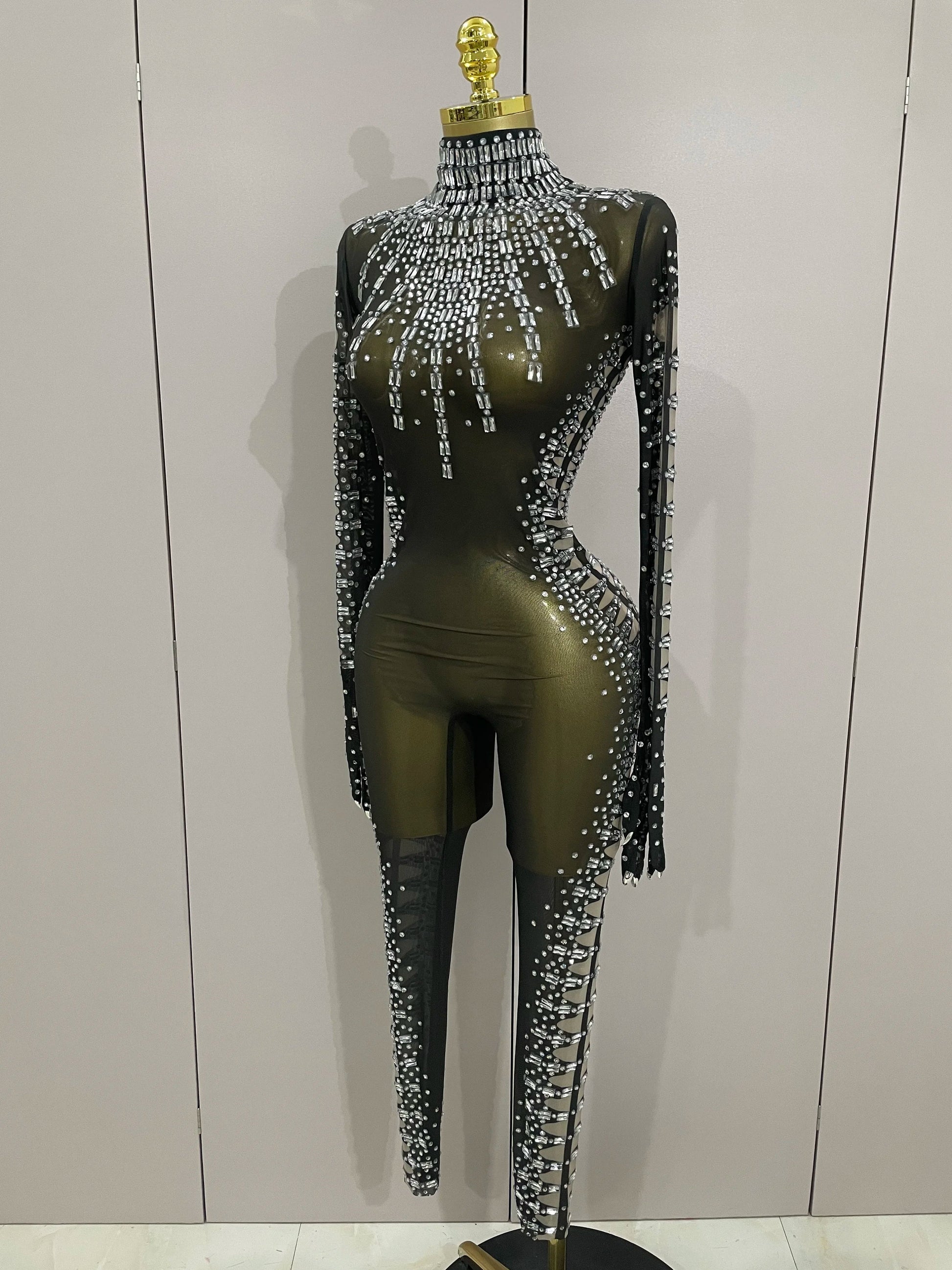 Sexy Sparkly Crystals Black Mesh Jumpsuit With Gloves Women Celebrate Birthday Party NightClub Singer Dance Stage Costumes
