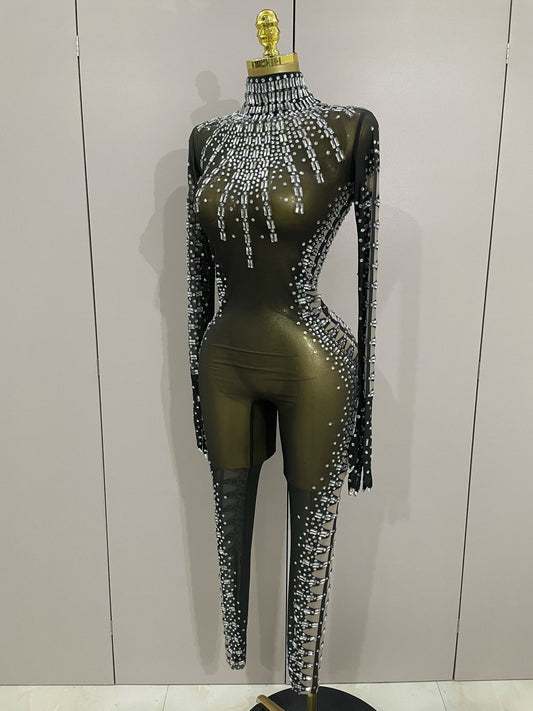 Sexy Sparkly Crystals Black Mesh Jumpsuit With Gloves Women Celebrate Birthday Party NightClub Singer Dance Stage Costumes