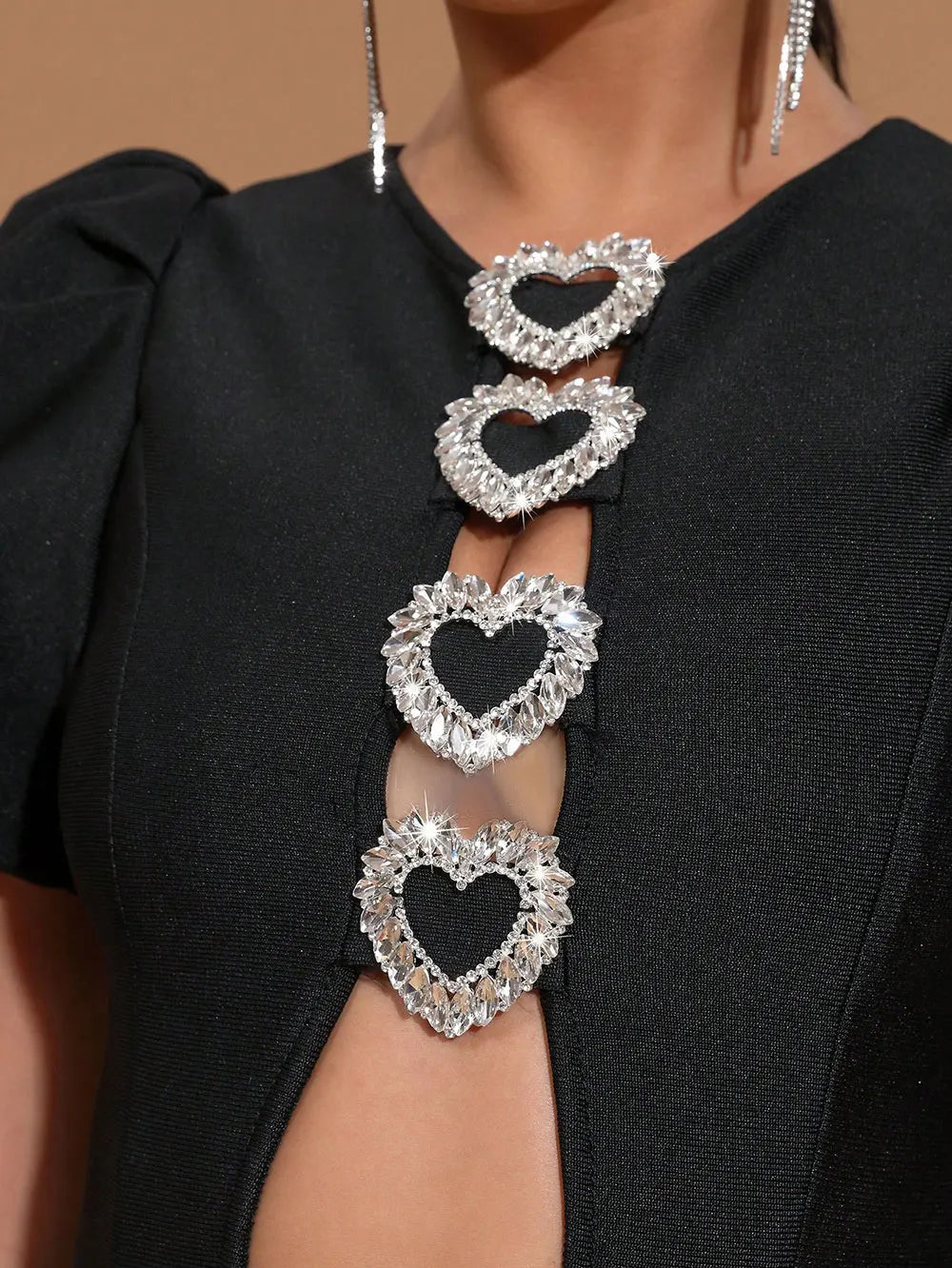 Sexy Women Three-Dimensional Heart-Shaped Design Hollow Bandage Dress O-Neck Short Sleeved Bodycon Black Long Dress Vestido