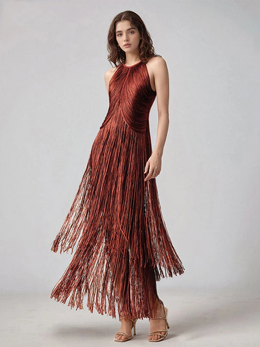Modphy Sexy Tassel Ankle Bodycon Bandage Long Dress Celebrity Elegant Evening Club Luxury Birthday Party Outfit ﻿