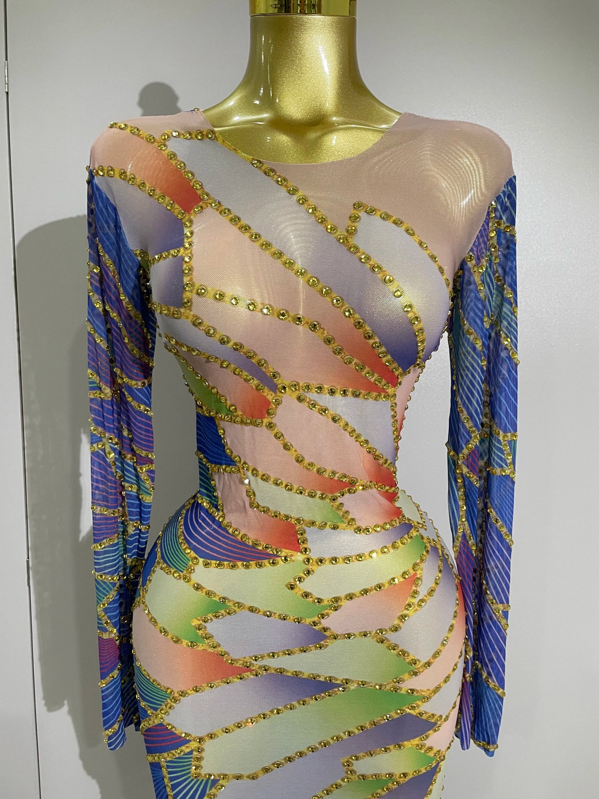 Luxury Sparkly Rhinestone Stretchy Mesh See Through Long Dress Women Birthday Party Performance Nightclub Stage Costume