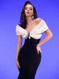Women Sexy Diamond Contrast Color Bandage Dress Off The Shoulder Patchwork Bodycon Clothes Club Party Elegant Dresses