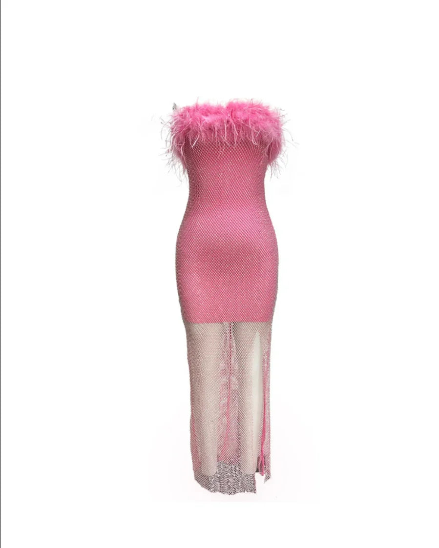 Pink Black Color Women Sexy Strapless Diamond Mesh Feathers Bodycon Long Dress Fashion Celebrate Nightclub Party Birthday Dress Pink