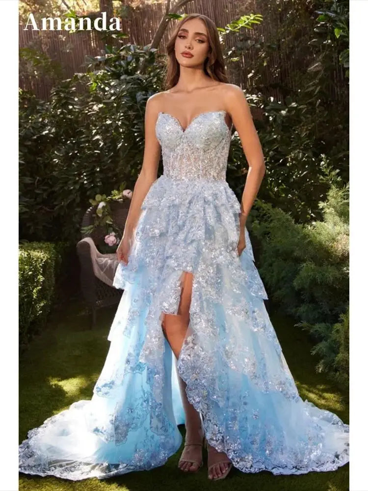 Baby Blue Lace Prom Dress Princess Strapless Side Split Formal Occasion Dresses Sweet Shiny Lace Train Party Dress Blue