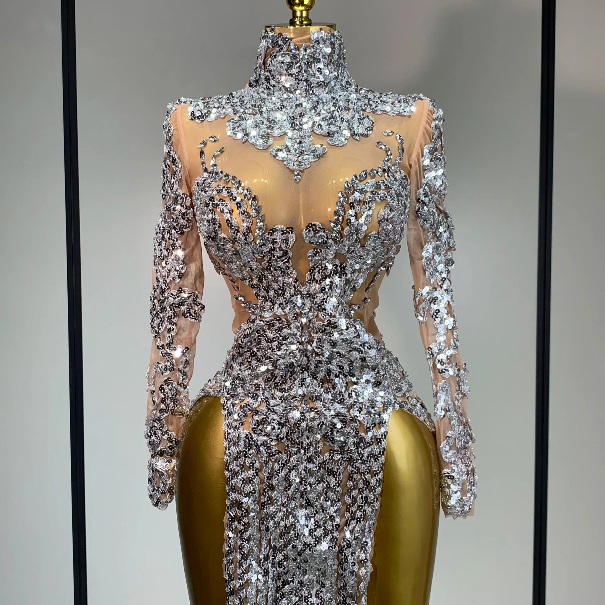 Sparkly Silver Gold Sequins Short Dress Sexy High Slit Women Nightclub Evening Party Dress Birthday Singer Stage Show Outfit Silver