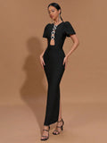 Sexy Women Three-Dimensional Heart-Shaped Design Hollow Bandage Dress O-Neck Short Sleeved Bodycon Black Long Dress Vestido