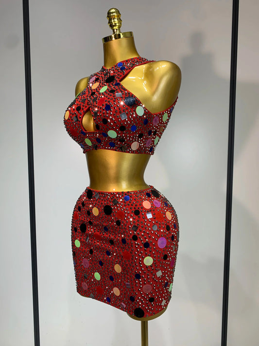 Luxury Rhinestone Sequin Sexy Two Piece Set Fashion Nightclub Sparkly Perform Stage Costume Birthday Dress