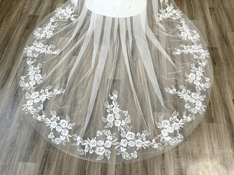 Floral Lace Applique Cathedral Bridal Veil 118 Inch Long Wedding Veil with Metal Comb for Brides