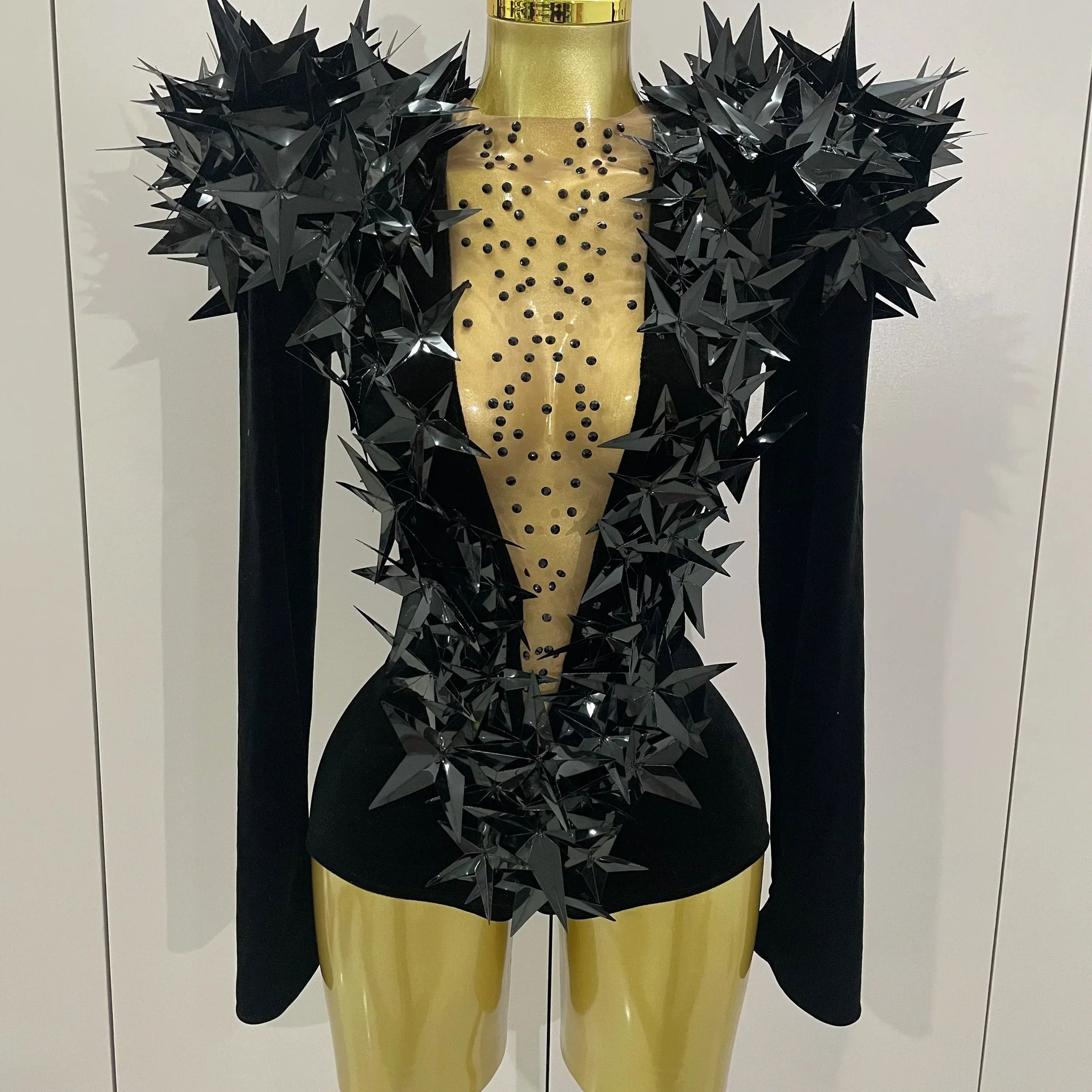 Shiny Black Rhinestone Velvet Long Sleeve Bodysuit Women Evening Party Club Gala Hosts NightClub Bar Stage Costumes black