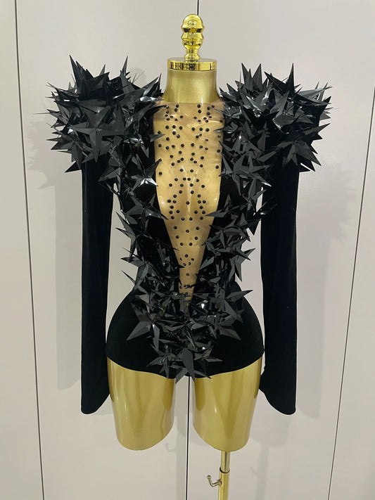 Shiny Black Rhinestone Velvet Long Sleeve Bodysuit Women Evening Party Club Gala Hosts NightClub Bar Stage Costumes black