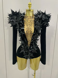 Shiny Gold Rhinestone Black Velvet Long Sleeve Bodysuit Women Evening Party Club Gala Hosts NightClub Bar Stage Costumes black