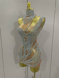 Luxury Sparkly Crystals See Through Mini Dress Women Celebrate Birthday Party Gowns Singer Performance Stretch Stage Costume