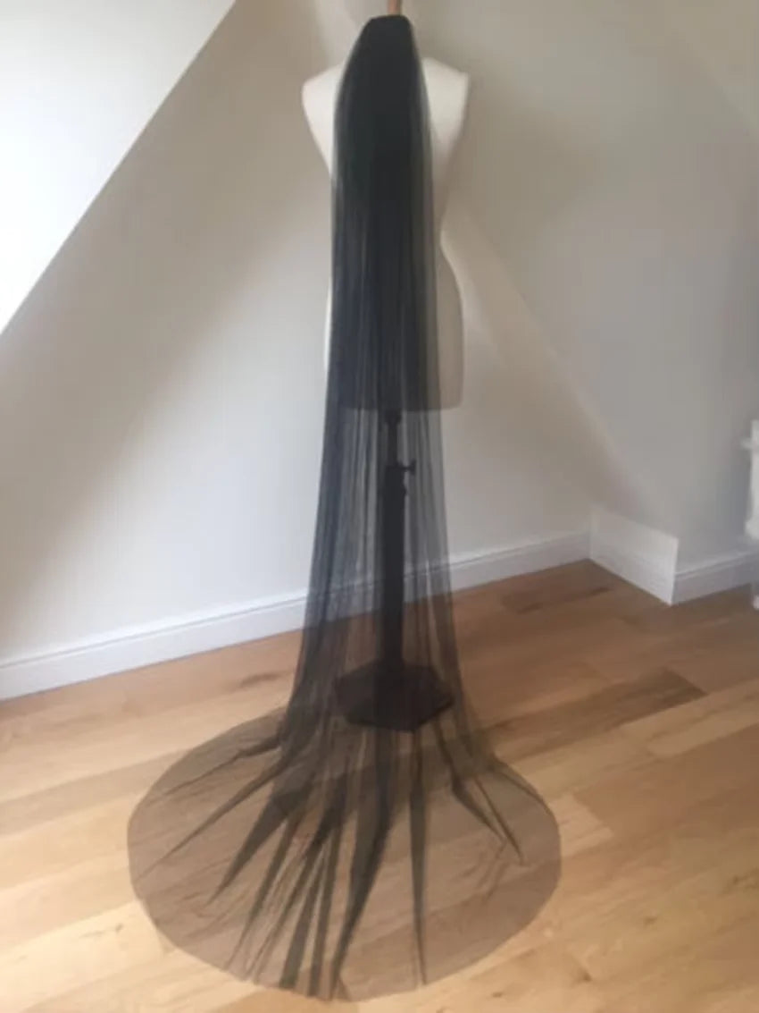 Simple Black 1 Layer Chapel Length Bridal Veil Cut Edge with Metal Comb Soft Tulle Black