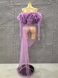 Mesh Ruffles Sexy See Through Bodycon Mini Dress Gloves Celebrate Nightclub Party Birthday Fashion Photo Shoot Wear