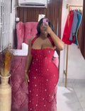Black Rosered Women Sexy Halter Beading Bandage Bodycon Long Dress Elegant Evening Party Birthday Fashion Vacation Outfit