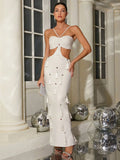 Sexy Women Nail Bead Tassel Bandage Dress Spaghetti Strap Sleeveless Waist Design Bodycon Long Dress Evening Party Vestidos WHITE