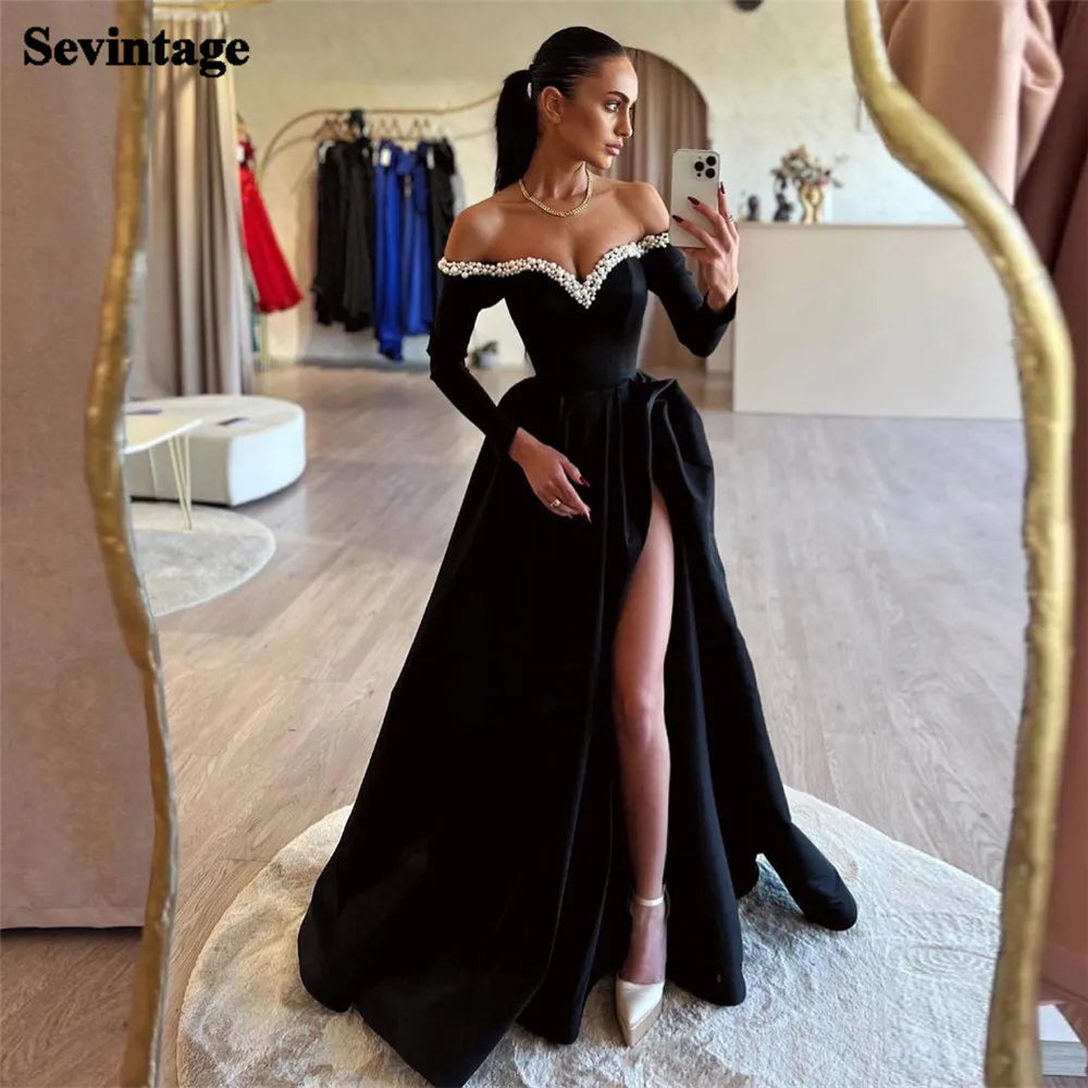 Elegant Black Prom Dresses A-Line Satin Off The Shoulder Long Sleeves Floor Length Party Gowns vestidos de graduación