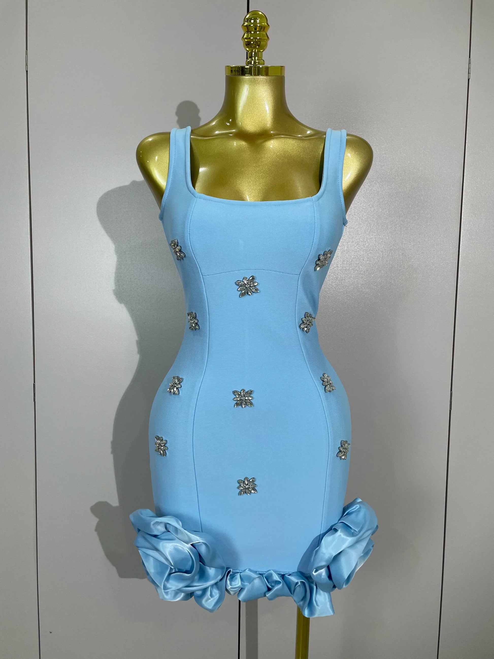STyle Shining Crystal Women Sleeveless Bodycon Mini Bandage Dress Elegant Ruffles Cute Birthday Party Celebrate Dress SKY BLUE