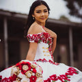 Elegant Red And White Quinceanera Dresses Charro Mexican Off Shoulder Beaded Crystal Ruffles Sweet 15 xv Dress Corset Customized
