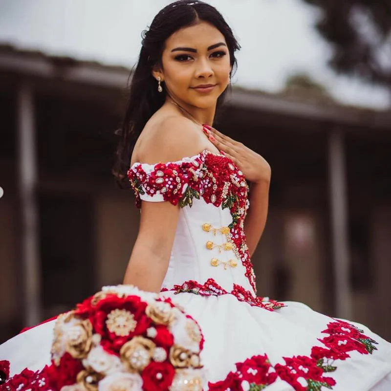 Elegant Red And White Quinceanera Dresses Charro Mexican Off Shoulder Beaded Crystal Ruffles Sweet 15 xv Dress Corset Customized