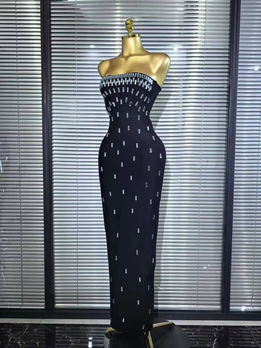 Top Quality Women Sexy Strapless Shinning Crystal Bodycon Long Bandage Dress Elegant Evening Party Cockail Vacation Outfit