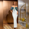 Ladies Women Celebrity Sexy Off Shoulder Pearl White Bodycon Maxi Long Bandage Dress Elegant Evening Club Party Outfit WHITE
