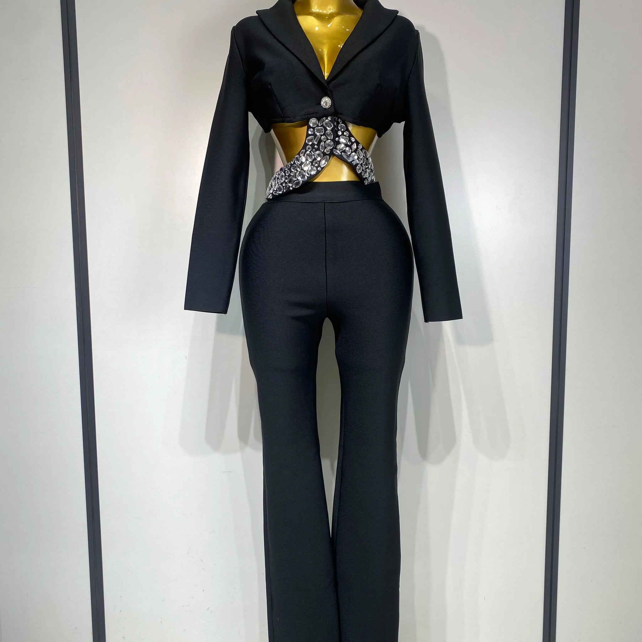 Women Sexy Cut Out Long Sleeve Beading Bodycon Two Pieces Pants Bandage Set Celebrity Designer Fashion Women Luxury Birthday Set