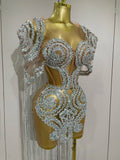 Sparkly Rhinestones Sequins Sexy Mesh Tassels Cape Short Dress Women Evening Birthday Party Nightclub Stage Costume