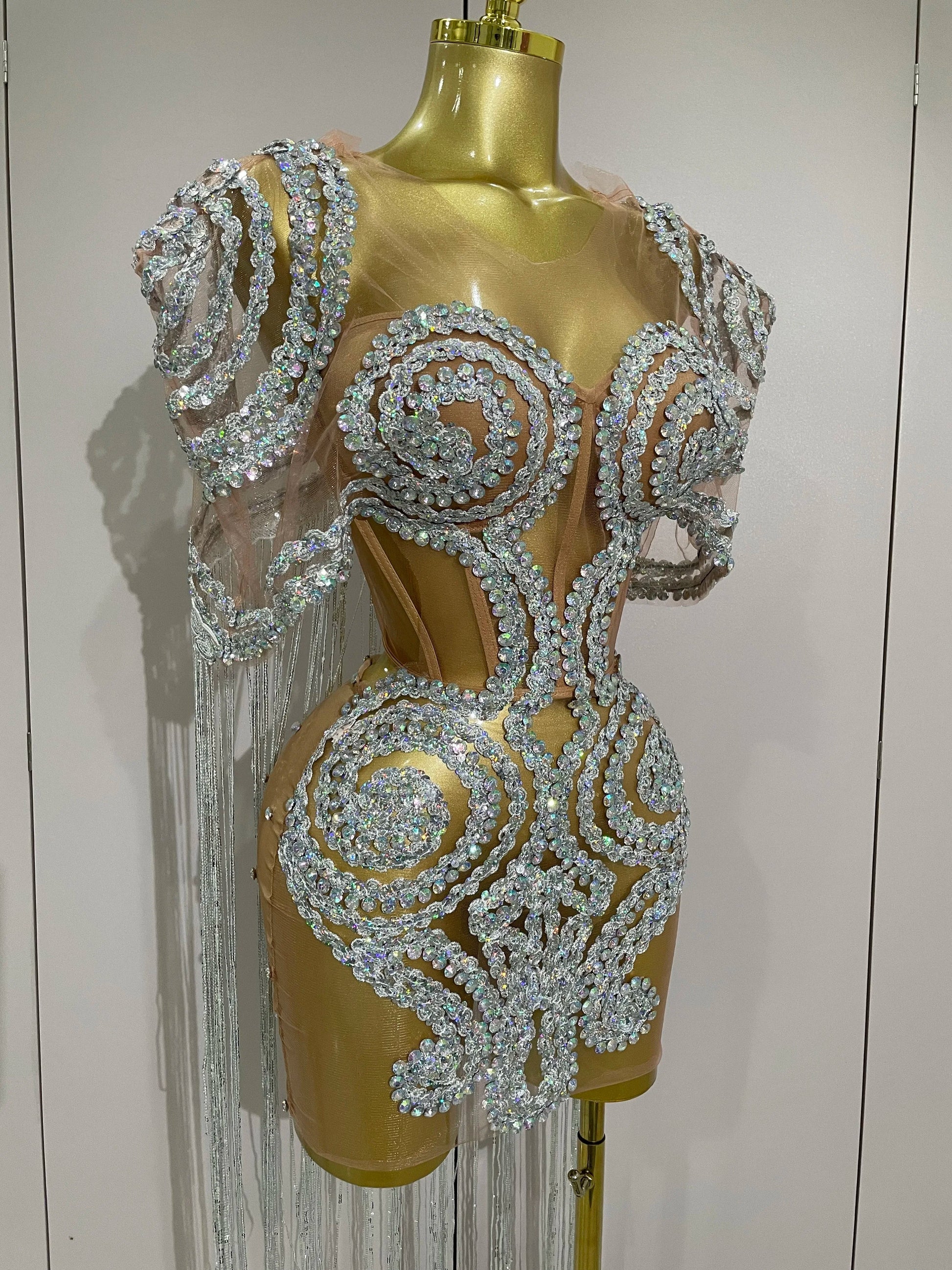 Sparkly Rhinestones Sequins Sexy Mesh Tassels Cape Short Dress Women Evening Birthday Party Nightclub Stage Costume