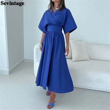 Simple Royal Blue Saudi Arabic Evening Dress V-Neck Pleated A-Line Ankle Length Prom Dresses فساتين مناسبة رسمية