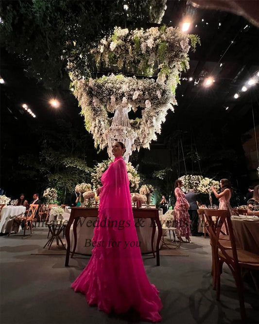 Noble Fushia Chiffon Prom Dress A-Line Long Cape Ruffles Tiered Floor Length Formal Evening Dress Women Party Gowns