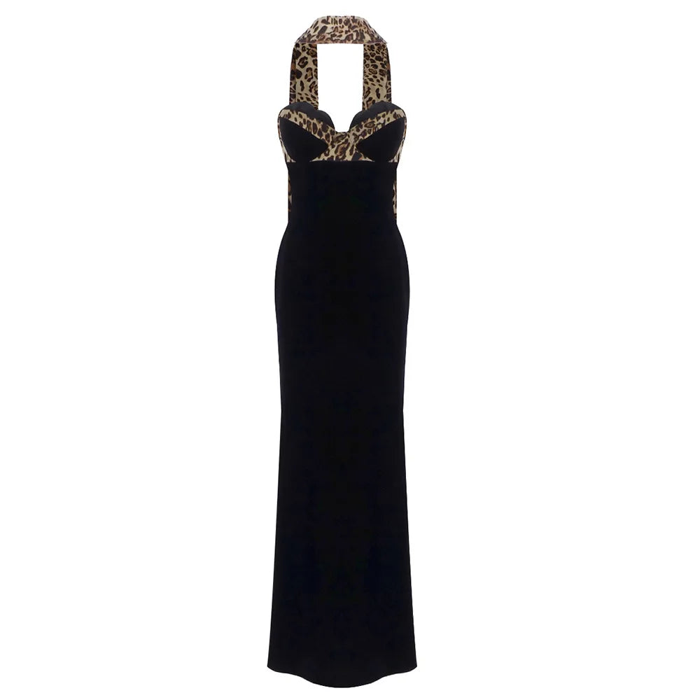 Sexy Leopard print ribbon strapless tight Long Dress Women black Corset Backless Bodycon Maxi Dresses Evening Party Gowns black