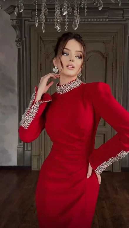 Red Black Color Women Long Sleeve Shinning Crystal Bodycon Long Bandage Dress Elegant Celebrate Evening Party Cocktail Dress Red