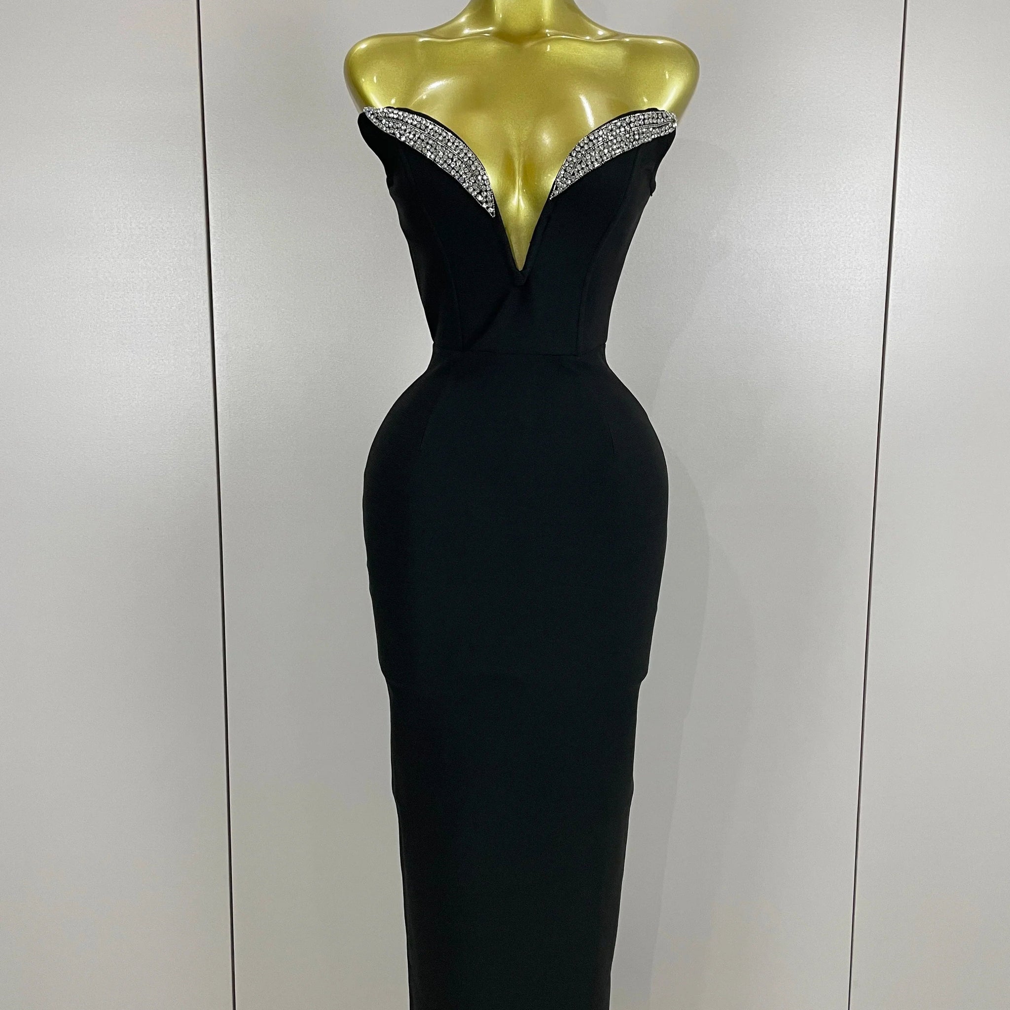 Women Sexy Strapless Sparkly Rhinestones Bodycon Bandage Long Dress Fashion Celebrate Evening Party Luxury Birthday Dresses black