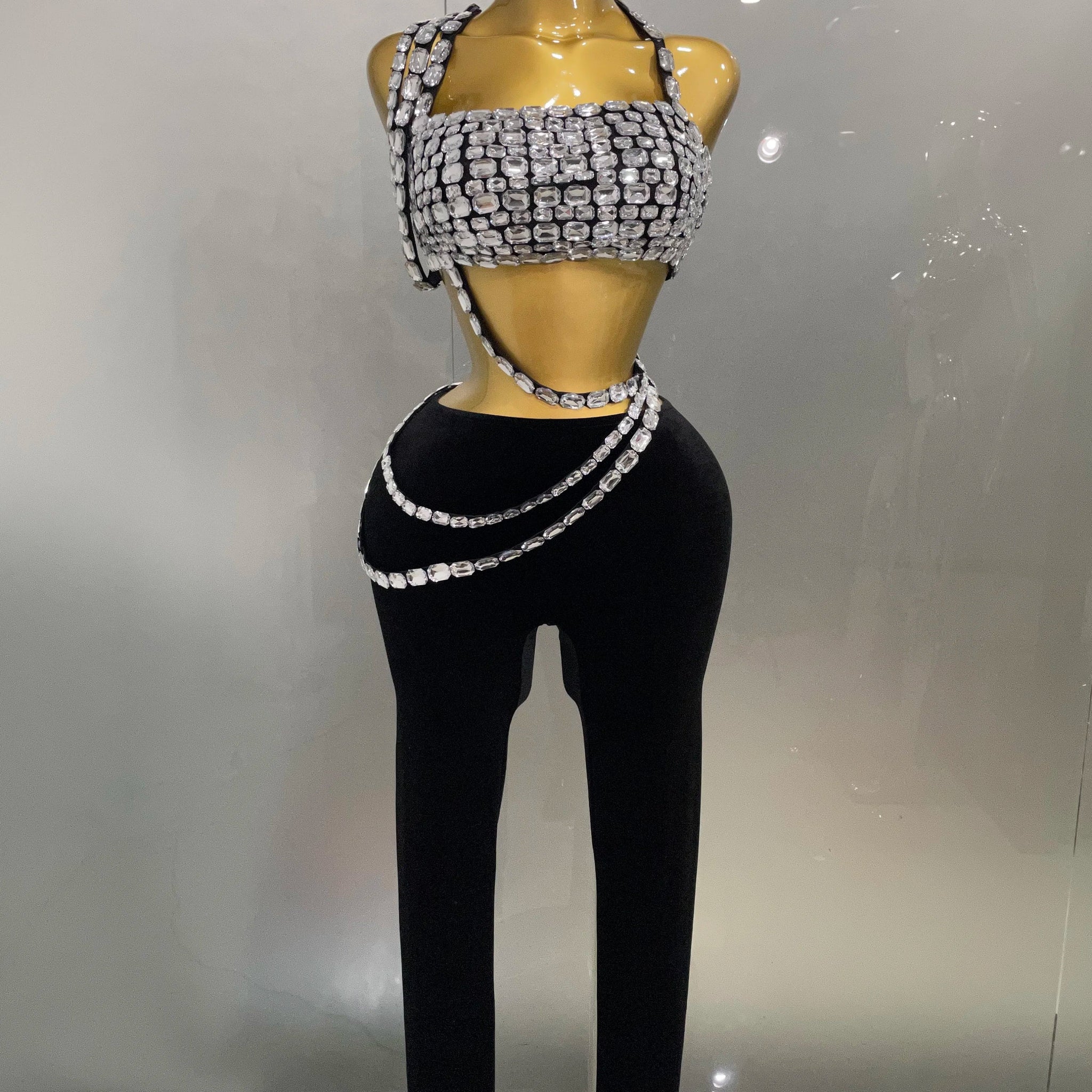 Luxury Sparkle Diamonds Sexy Crop Top Velour Pant Two Pieces Set Women Celebrate Birthday Party Nightclub Stage Costume black
